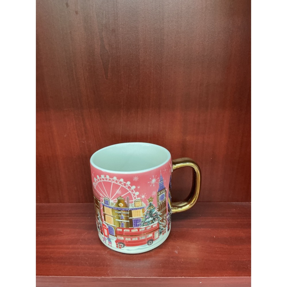 London Christmas Ceramic Coffee Mug Pink Gold Handle Big Ben Red Bus Cityscape